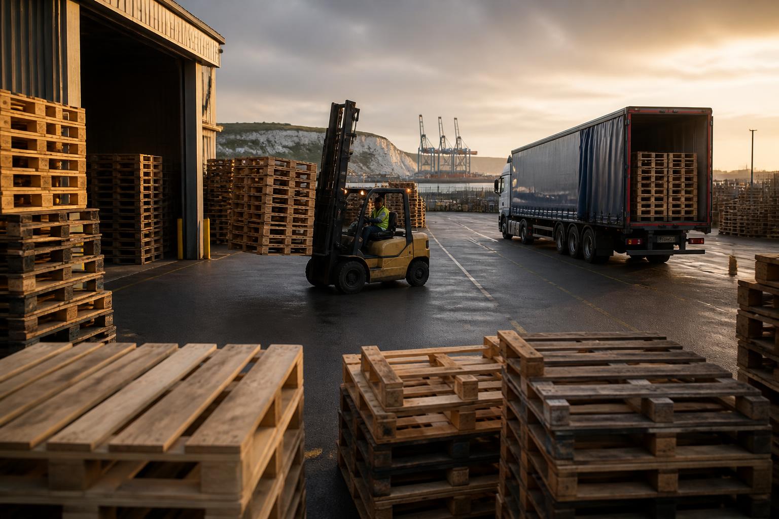 Stacks of timber pallets in a South Coast pallet yard