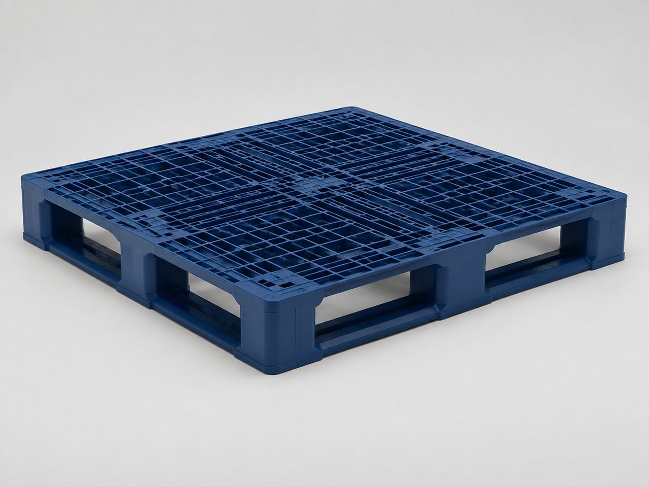 Blue moulded plastic pallet with an open-grid deck and moulded feet